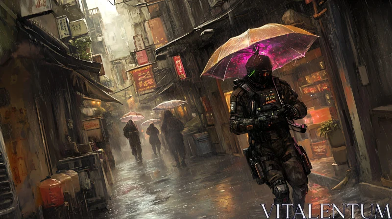 Futuristic Soldier in a Rainy Alley with Neon Umbrella AI Image