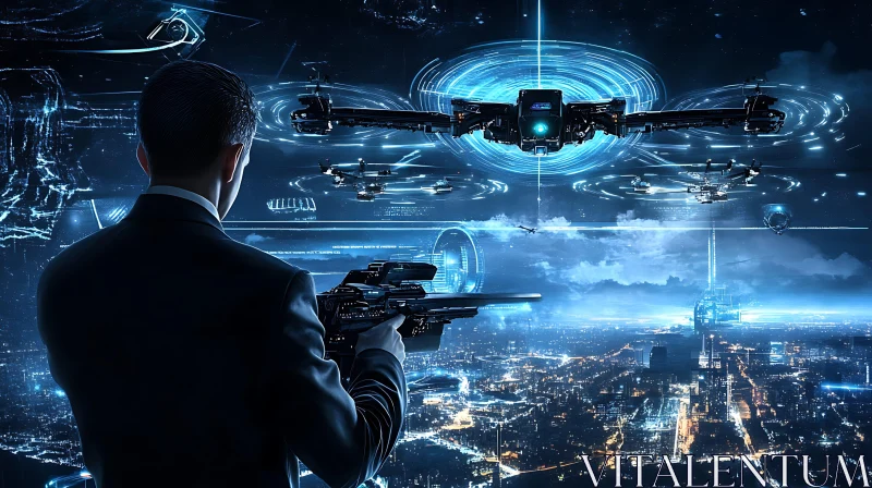 Cybernetic City with Armed Man and Hovering Drones AI Image