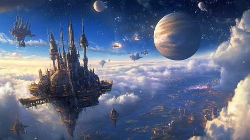 Sky City with Planets, Moons, and Advanced Civilizations