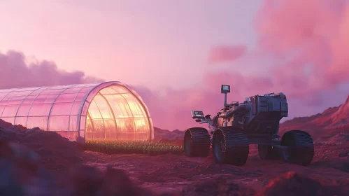 Rover Exploring Extraterrestrial Greenhouse at Sunset