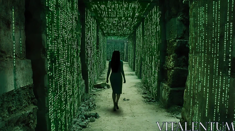 Mysterious Woman in Futuristic Code-Engulfed Corridor AI Image