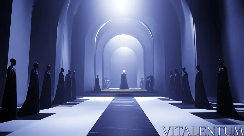 Enigmatic Cloaked Figures in Archway Hall AI Image