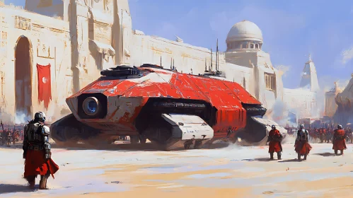 Sci-Fi Scene with Red Spaceship and Soldiers