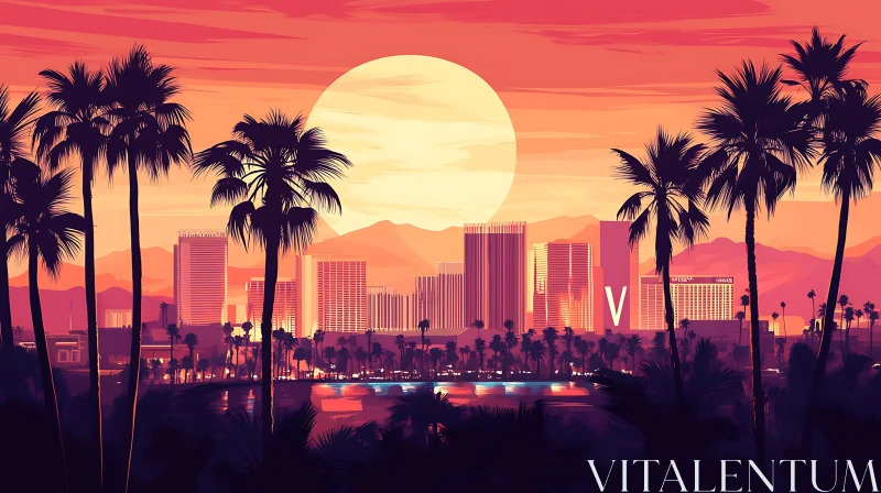 AI ART Modern Urban Sunset with Palm Trees and Skyline