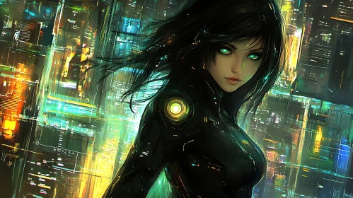 Cyberpunk Female Hero in High-Tech Environment