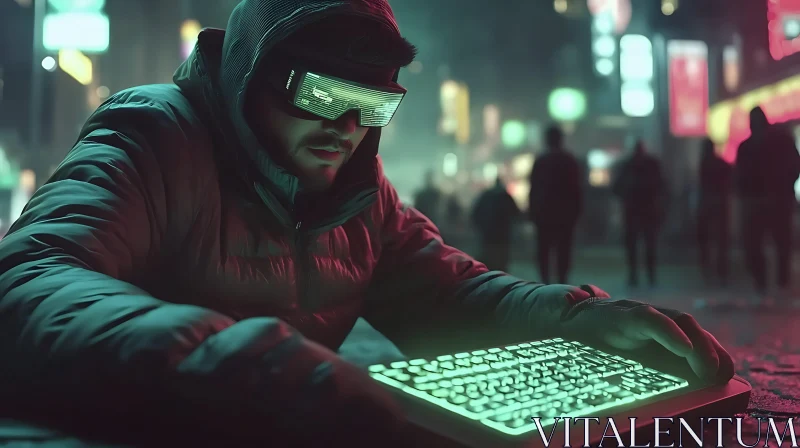 Glowing Keyboard in Neon City AI Image