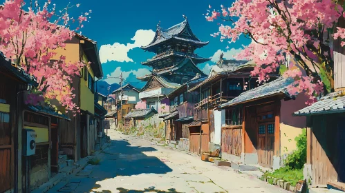 Traditional Japanese Architecture with Blossoming Trees