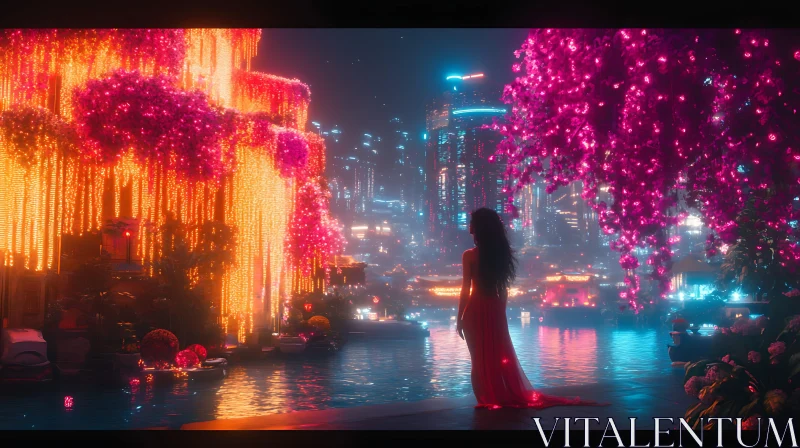 Futuristic Night City with Neon Flora AI Image