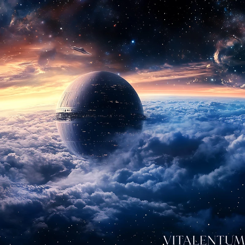 Celestial Sphere Floating Amidst Clouds at Sunset AI Image