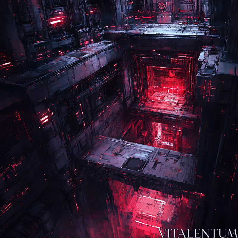 Cyberpunk Urban Structure with Red Lights AI Image