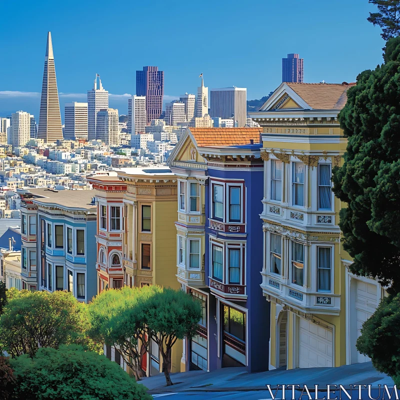 Vibrant Victorian Houses against San Francisco Skyline AI Image