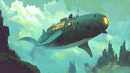 Fantastical Flying Whale Above Ruined City