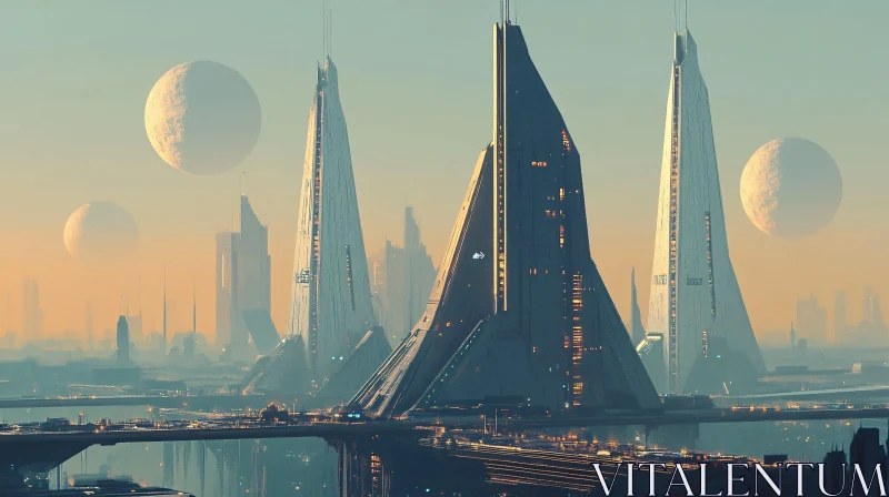 Sci-Fi Cityscape with Towering Skyscrapers and Moons AI Image