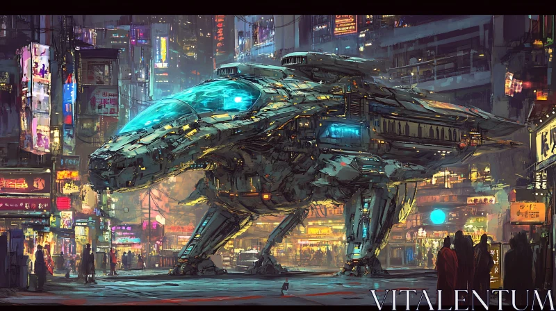 High-Tech Starcraft in Vibrant Cyberpunk City AI Image