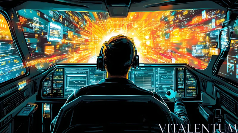 AI ART Pilot in Futuristic Cockpit Navigating Through Digital Landscape