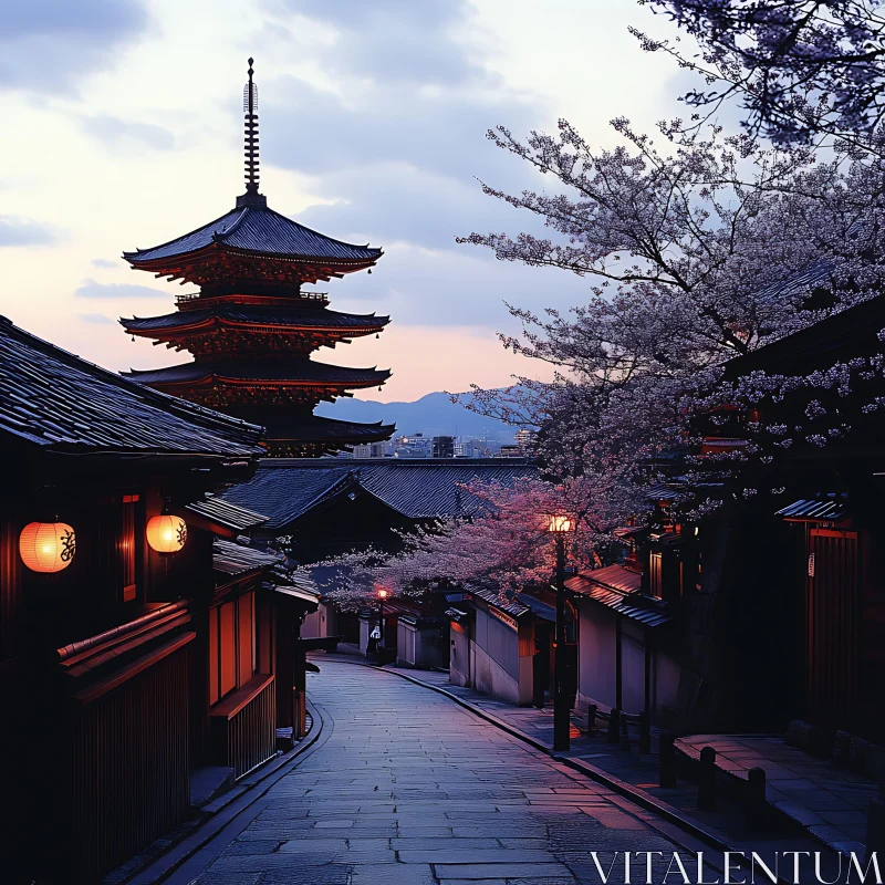 Evening Serenity: Pagoda with Blooming Cherry Blossoms AI Image