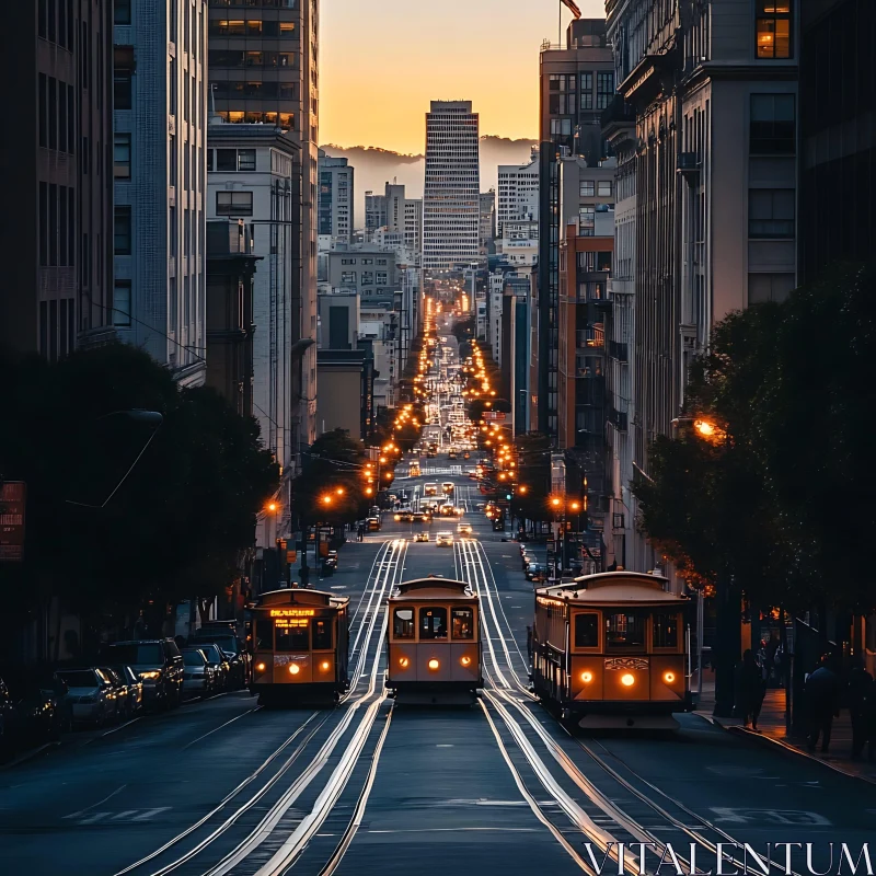 Urban Evening View with Cable Cars on a Steep Hill AI Image