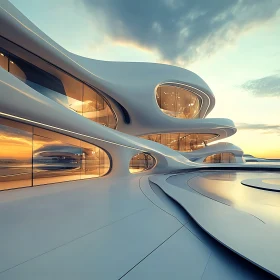 Modern Fluid Architecture with Sunset Reflections