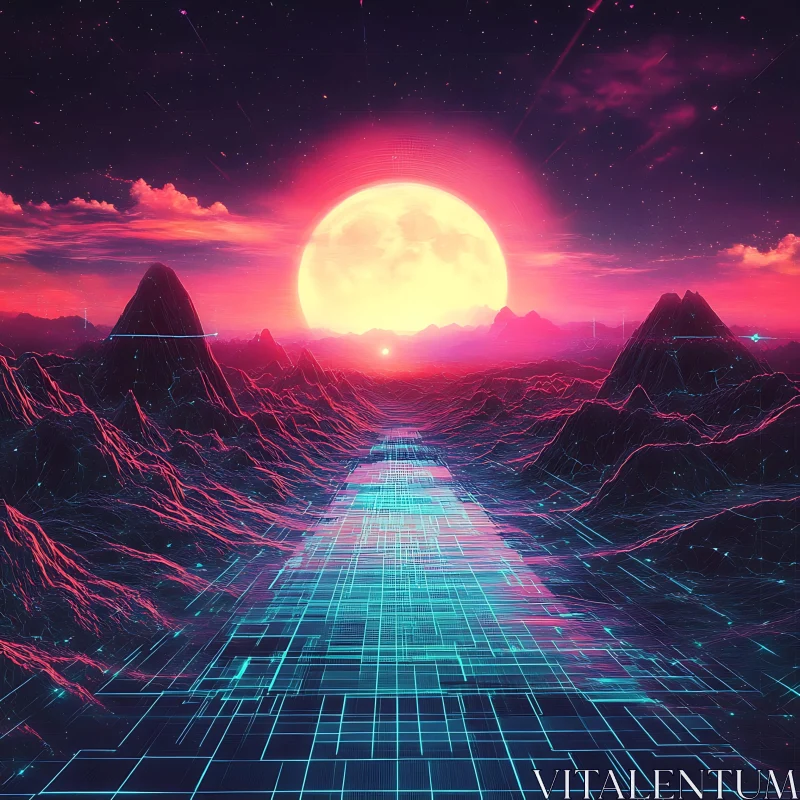 Futuristic Fantasy Sunset with Cyber Elements AI Image