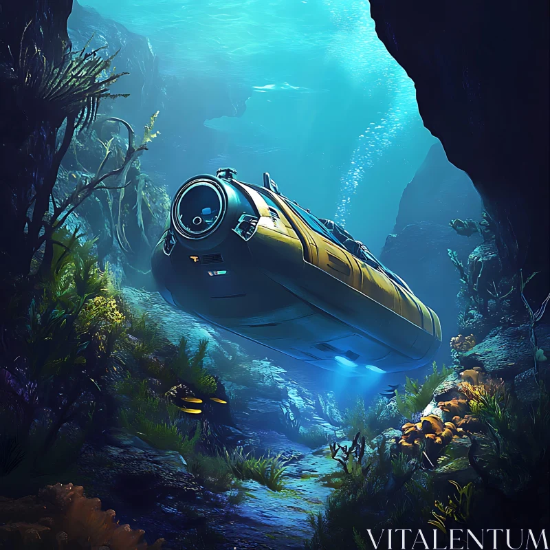 Submarine Gliding Through Marine Life AI Image