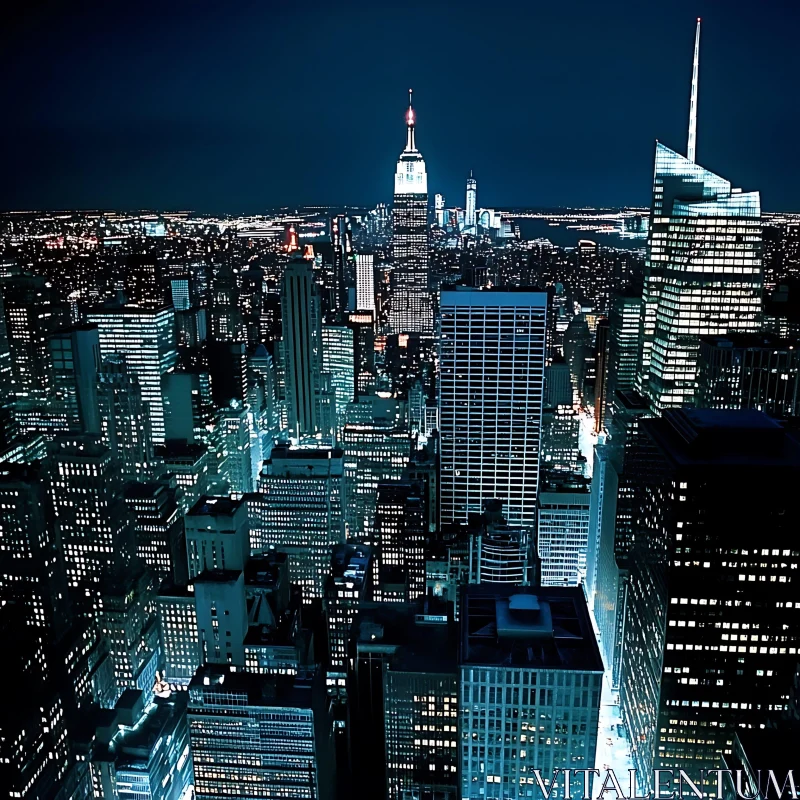 Night View of Urban Skyline with Skyscraper Lights AI Image