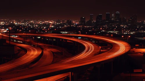 Urban Night View with Glowing Highways and City Skyline