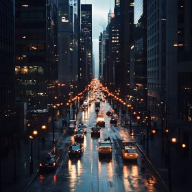 City Life on a Rainy Evening with Skyscrapers