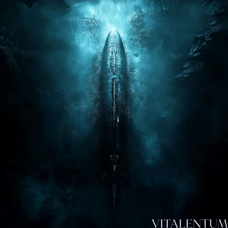 Underwater Submarine in Foggy Blue Light