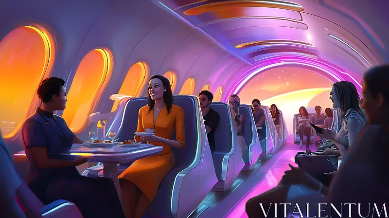 Modern Airplane Cabin at Sunset with Relaxed Passengers