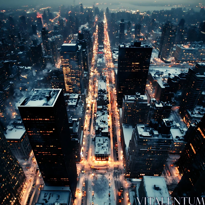 Cityscape Illuminated at Night with Snow