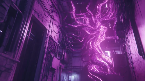Urban Alleyway with Glowing Neon Tree