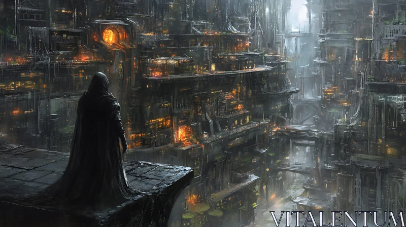 Mysterious Cloaked Figure in a Futuristic Urban Environment