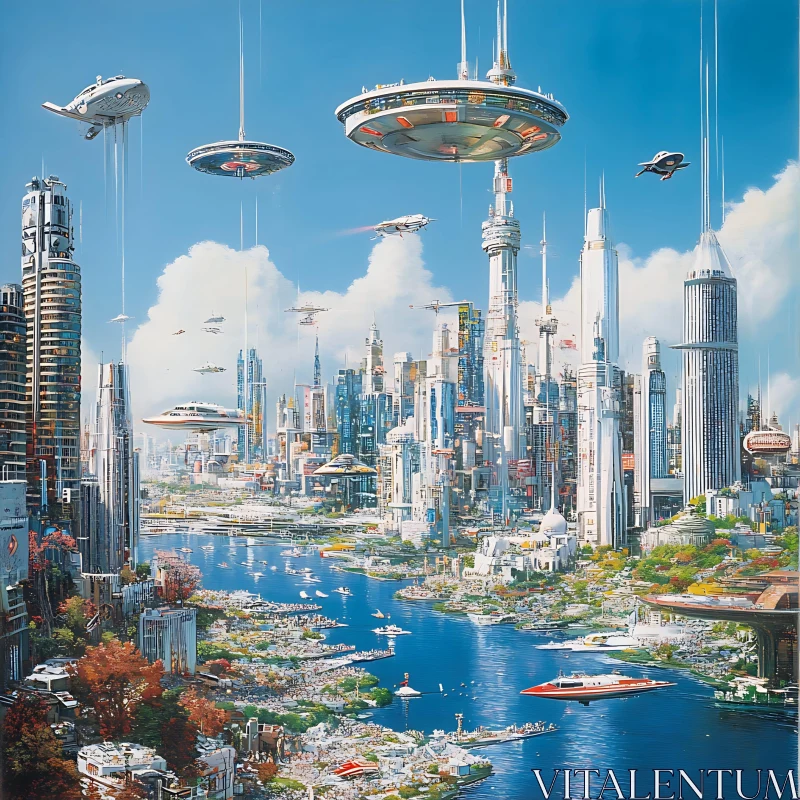 High-Tech Urban Skyline with Skyscrapers and Flying Cars