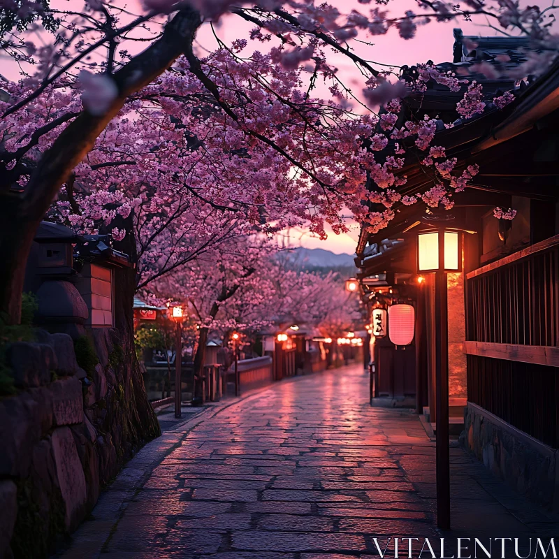 Twilight Cherry Blossom Street with Lanterns