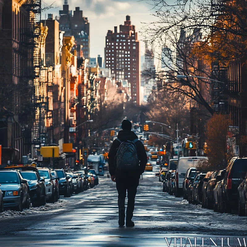 Cityscape with Lone Walker and Sunset Glow