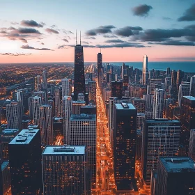 Majestic Urban Sunset with Glowing Streets and High-Rise Buildings