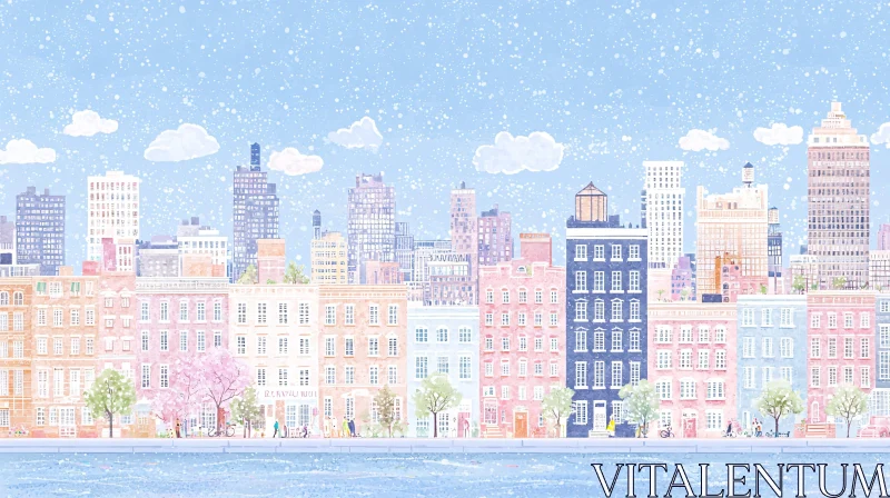 Snowy Urban Scene with Pastel Architecture