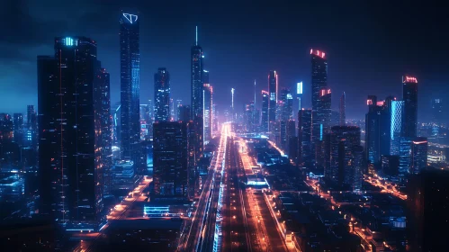Modern Urban Landscape Featuring Neon-Lit Skyscrapers