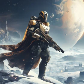 Sci-Fi Armored Soldier in Alien Snow Landscape