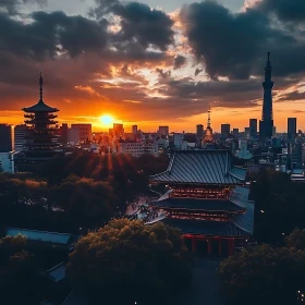 Golden Sunset and Japanese Architecture