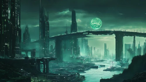 Enigmatic Futuristic City under a Green Moon