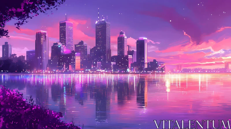 Dreamy Sunset Over Vibrant City Skyline