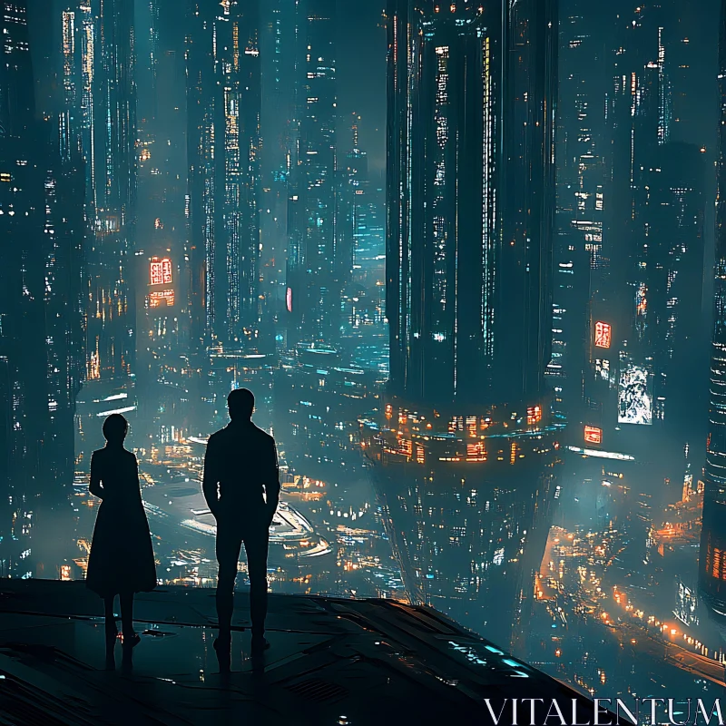 Neon-Filled Future City with Silhouetted Observers