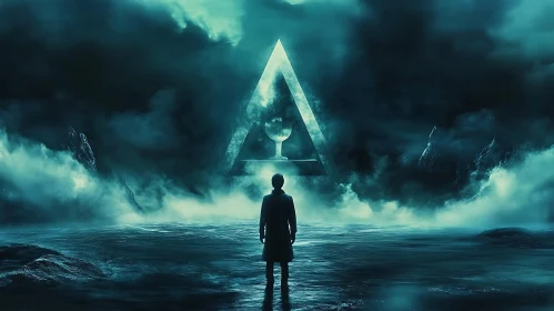 Enigmatic Scene with Glowing Triangle and Chalice