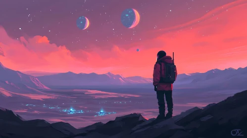 Astronaut Overlooking Futuristic City at Twilight