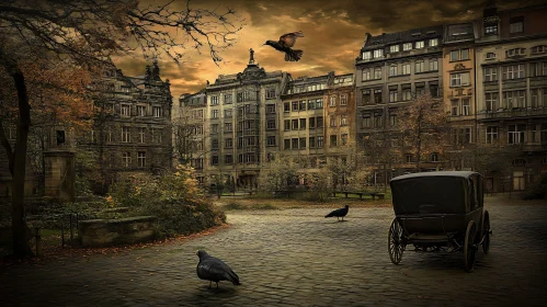 Vintage Courtyard Scene with Birds and Carriage