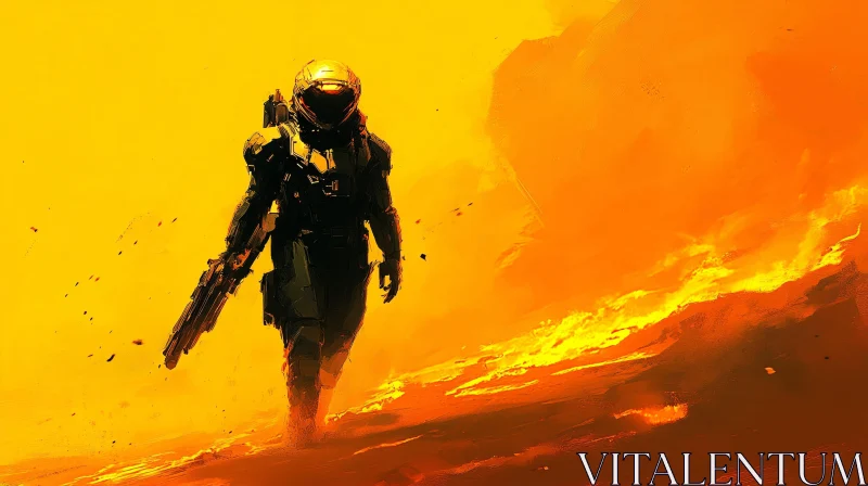 Futuristic Space Soldier Amidst Fiery Environment