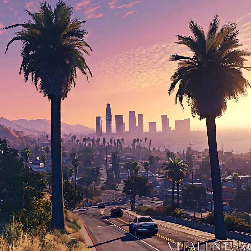 Urban Sunset with Palm Trees and Skyline
