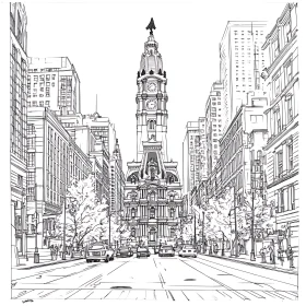 Ornate Clock Tower in Urban Cityscape Illustration