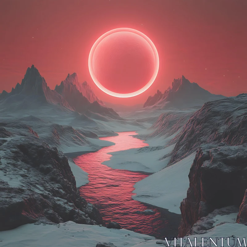 AI ART Otherworldly Red Sunset Over Mountains